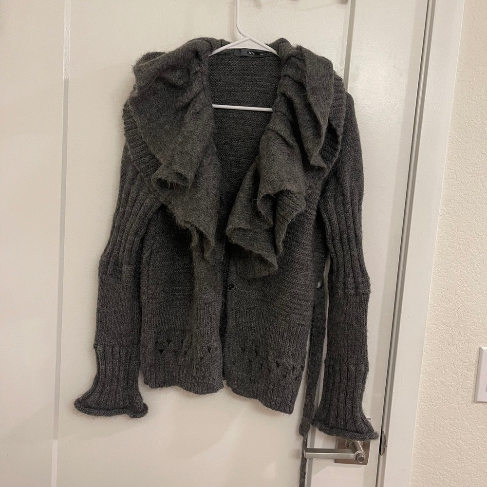 Milano European Wool Long Gray Cardigan Frills Made in Italy Chic Y2K Style Fall